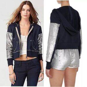 True Religion Sequin Crop Hoodie Jacket Cotton Zip Logo Pockets Blue Silver S